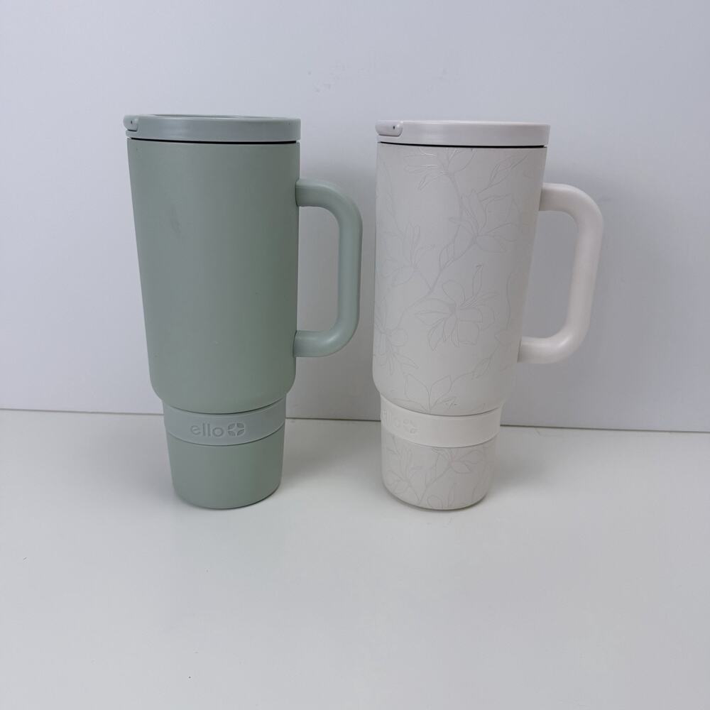 2 ELLO 40 oz Tumbler Cream Floral Green Stainless Steel Handle No Straws